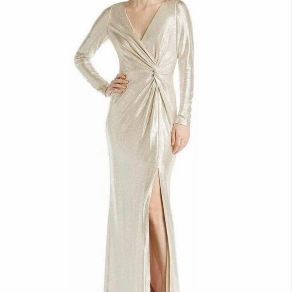Eliza J. Long Sleeved V Neck Twist Waist Mermaid Gown